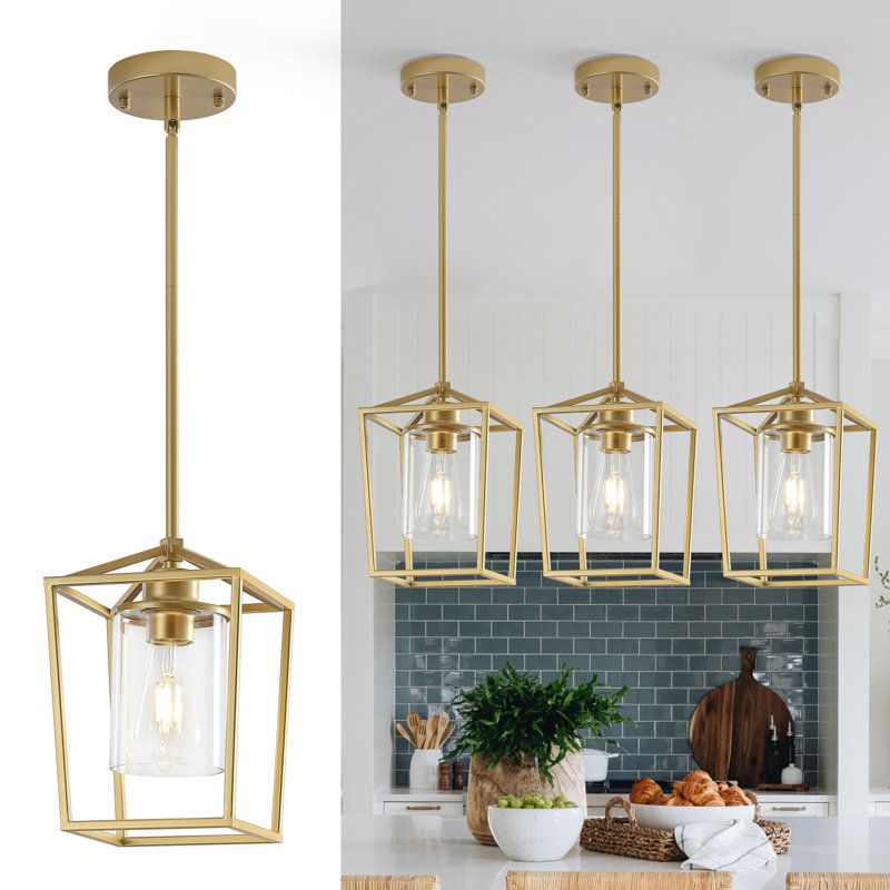 1-Light Gold Lantern Pendant With Glass Shade 