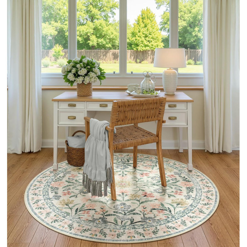 Round Washable Rug, Soft Floral Round Rugs  Circle Carpets For Bedroom Ultra-Thin, Boho Beige Print Distressed Circular Carpet For Living Room Dorm Bedside