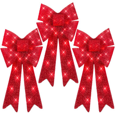 Set Of 3 Pre-Lit Christmas Bow Decoration