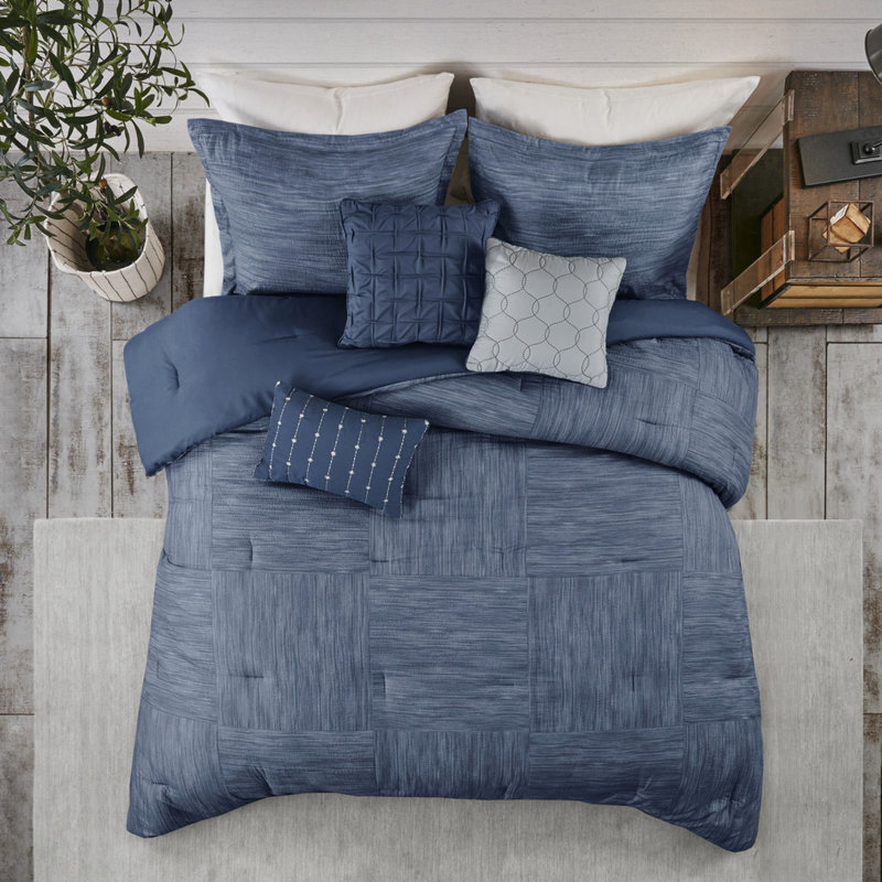 Édredon en seersucker bleu marine pour grand lit 7 pièces, Édredon de grande taille et 6 pièces supplément