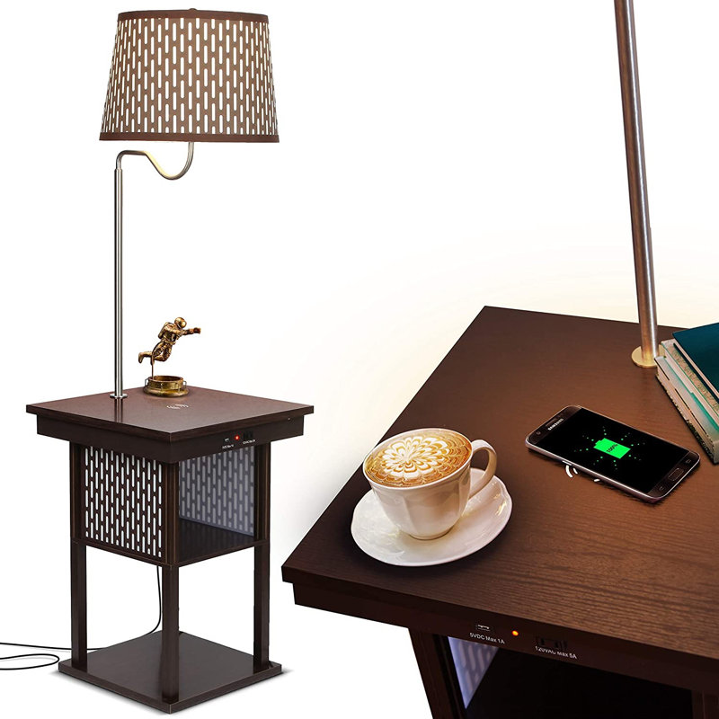 Madison 56 in. Modern LED Bedside Table Lamp with Fabric Drum Shade and Wireless Charging Pad, Brass
