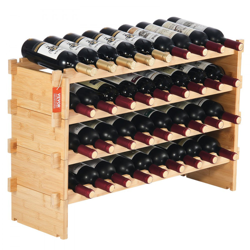 36 Bottle Stackable Modular Wine Rack Bamboo Wood Display Shelf 4-Tier
