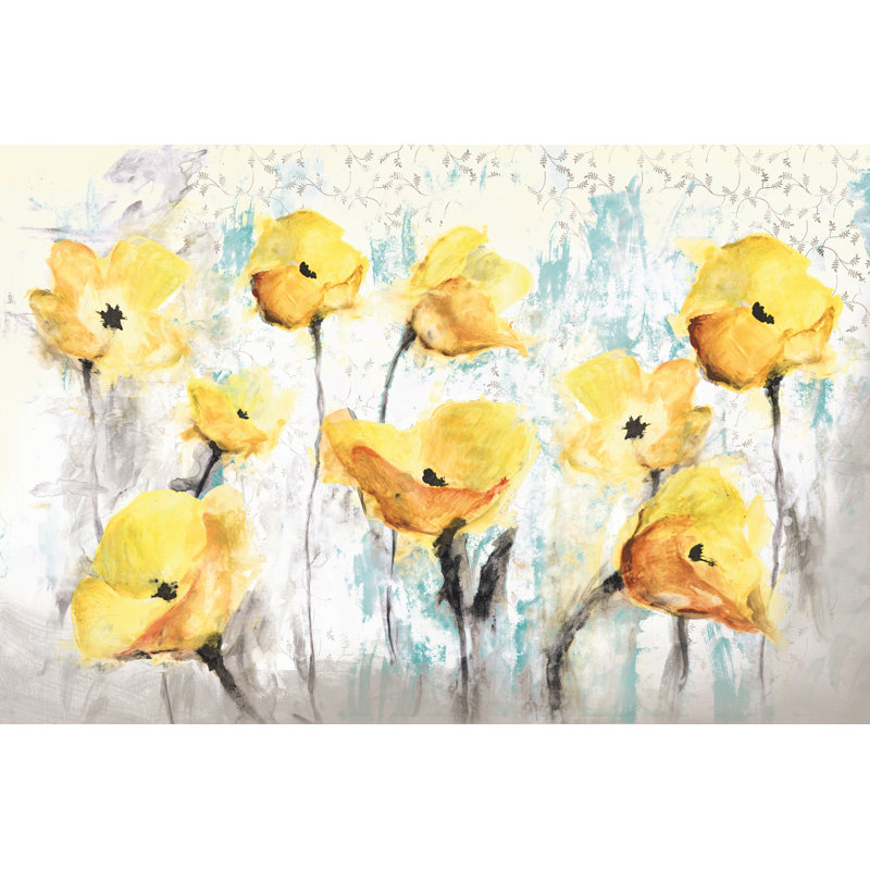 Yellow And Grey Flowers Teal Pop - Wrapped Canvas Art Prints, 30cm H x 46cm W