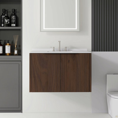 30 Inch Floating Bathroom Vanity with Sink, Soft-Close Door, 0.6-IN Carrara White Cultured Marble Countertop Top & Backsplash,Plywood, Grey