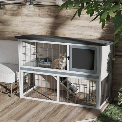 Abrams Rabbit Hutch Bunny Cage 2-Tier Wooden with Openable Roof Outdoor Grey