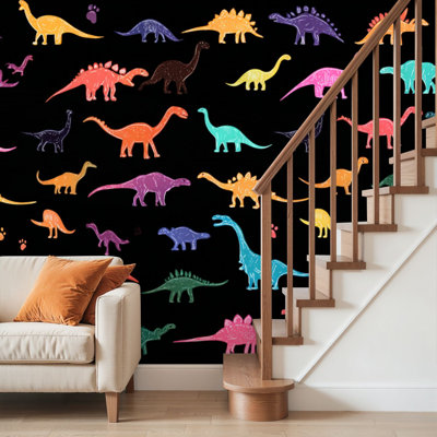 Peel and Stick Wallpaper Wall Mural Cute kids boys Colorful dinosaurs abstract grunge fun Wall Art Self Adhesive and Removable