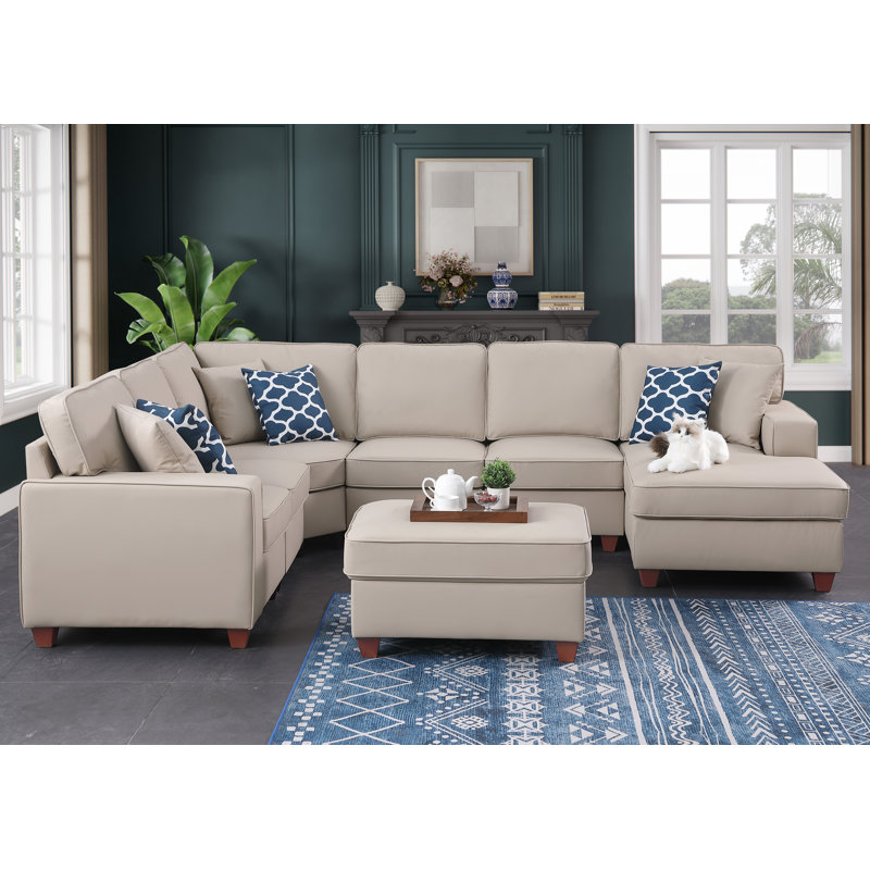 Artificial Leather Modular Sectional With Ottoman, Beige Artificial Leather