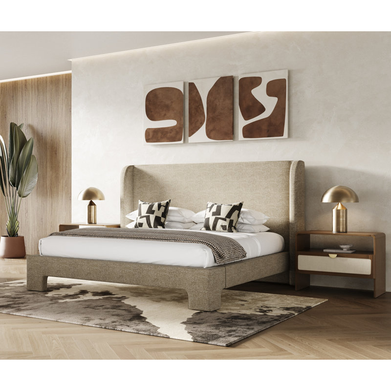 Emilio - Lit en tissu beige moderne, Très grand