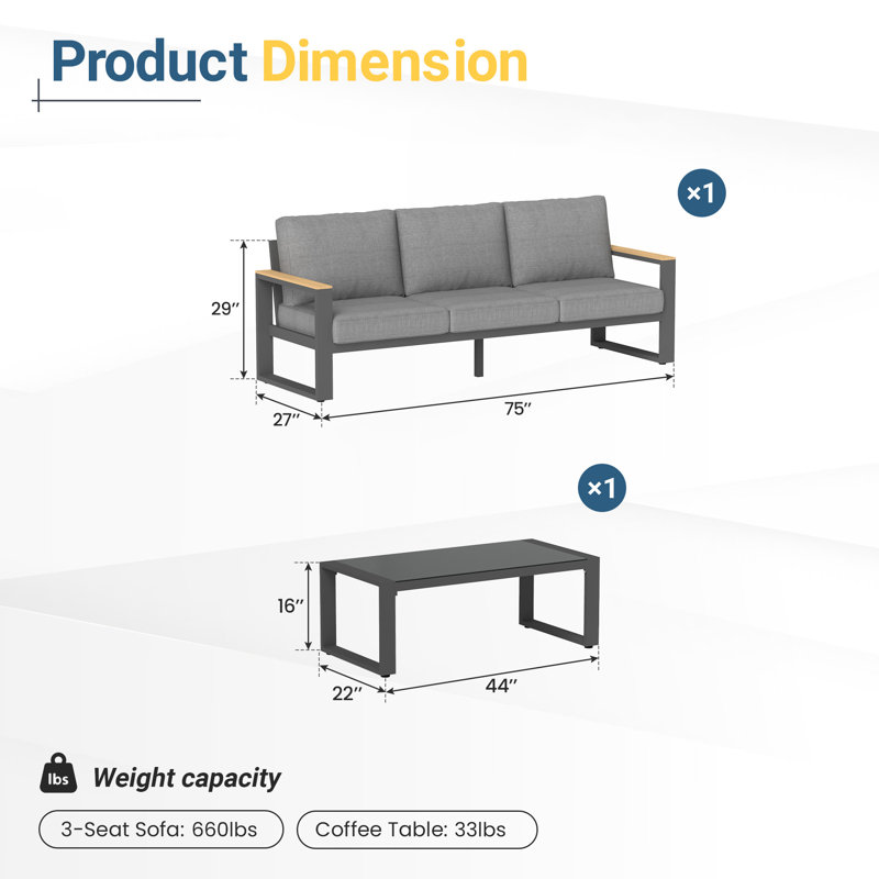     Ensemble de mobilier d'extérieur tout aluminium pour tous les temps, ensemble de mobilier de patio pour 3 personnes avec accoudoirs en bois pour un toucher doux pour la peau, ensemble de conversation de patio 2 pièces avec coussins amovibles