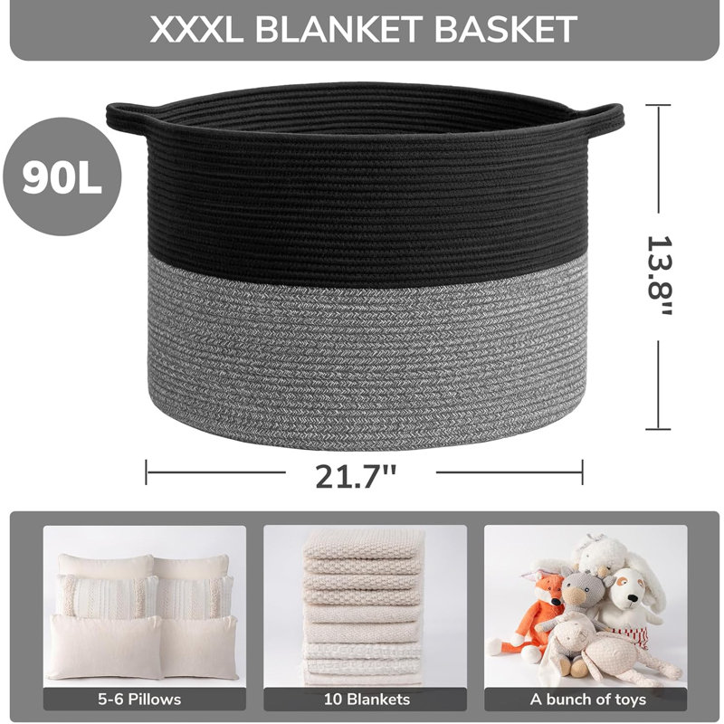 Très grand panier à couvertures en corde de coton tissé noir et gris