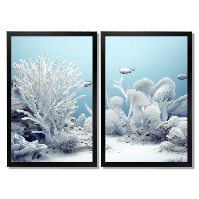 Coastal White Coral Serenity - Coastal Coral Under Water Framed Canvas Print, White Animals Wall Art Set Of 2
