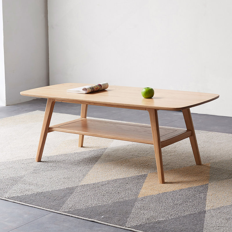 Table basse avec plateau central 100% bois massif avec plateau de rangement, Chêne clair
