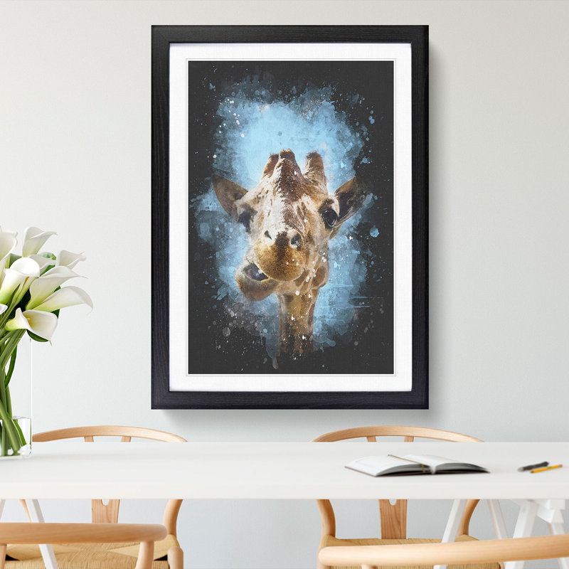 Chewing Giraffe - Framed Print, 33cm H x 24cm W x 2cm D, Black Framed