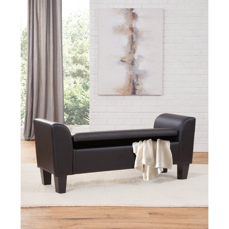 Claire Faux Leather Flip Top Storage Bench with Arms, Matte Black