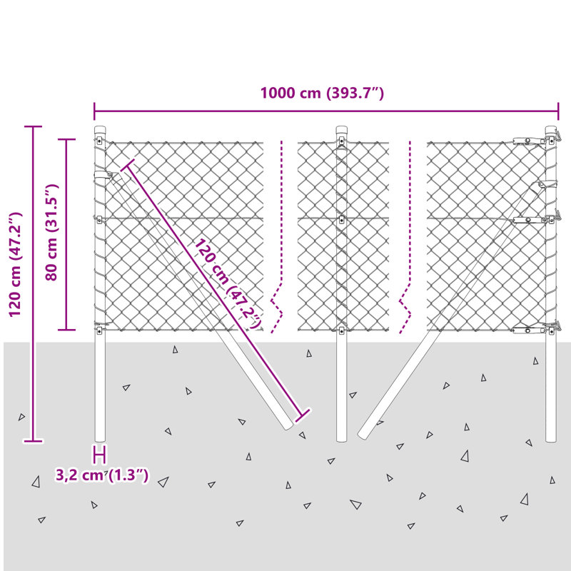 Vidaxl Chain Link Fence With 7 Posts Galvanised Steel, 80cm H x 1000cm W, Green