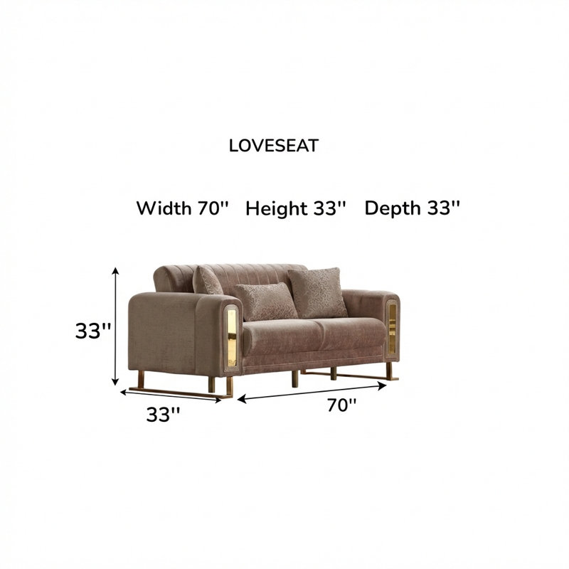 Bern Luxury Modern Upholstered Loveseat with Gold Metal Legs, Cream, Gold