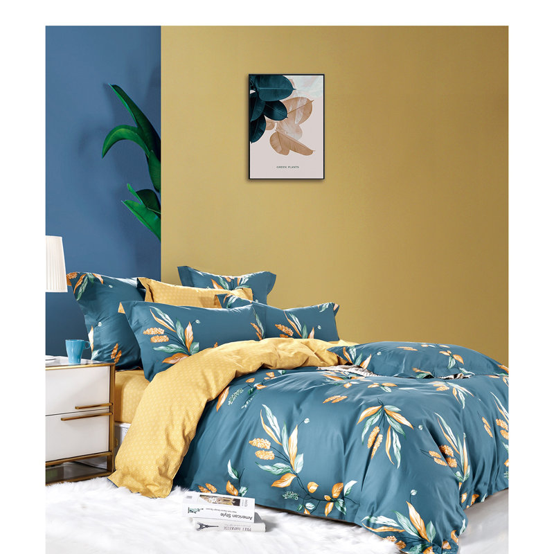 Ensemble de housse de couette réversible en coton standard bleu / jaune 3 pièces Mikado