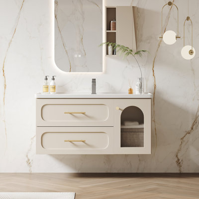 39.4'' Modern Floating Bathroom Vanity with Integrated Ceramic Sink Matte Taupe Cabinet and Gold Hardware