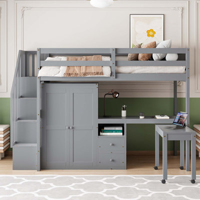 Lit mezzanine avec escalier, bibliothèque, tiroirs, bureau et garde-robe - Mobilier multifonctionnel peu encombrant pour enfants et adolescents