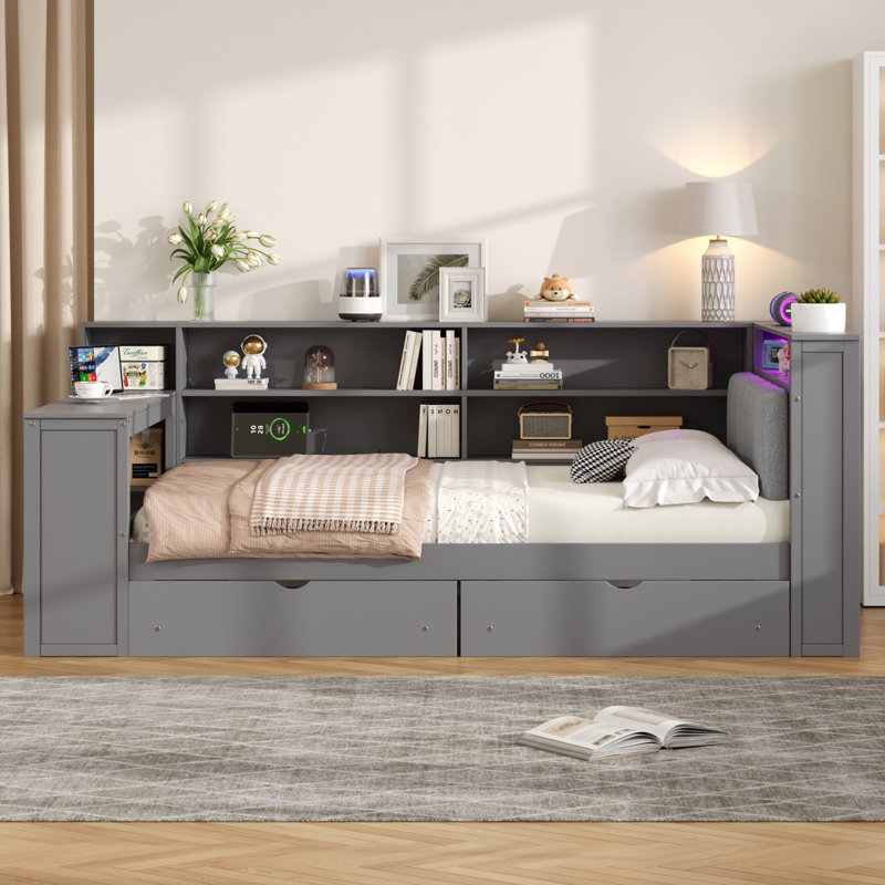 Platform Bed with Storage Shelves, Gray, Full/Double