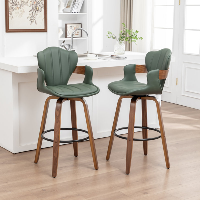 Modern Vegan Leather 360° Swivel Counter Stools With Unique Bentwood Legs, Green, Counter Stool (25" Seat Height)