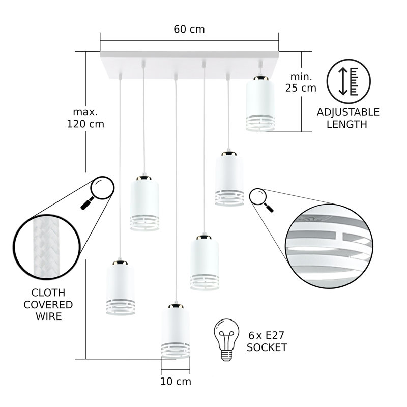 - Light Pendant, 6 Lights, White/Gold