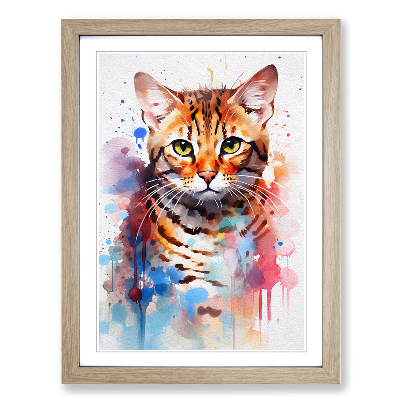Bengal Cat Action Painting - Single Picture Frame Print on Wood, Oak Framed, 34cm H x 25cm W x 2cm D