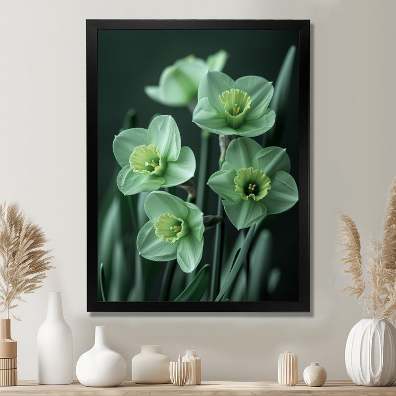 Monochromes de jardin glamour jonquilles II - jonquilles murales, Cadre simple noir, H 12 po x l 20 po