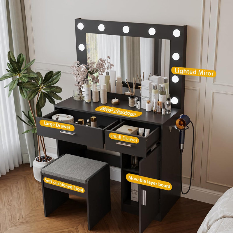 Bureau de meuble-lavabo avec miroir, grand tiroir et prise de courant avec 11 ampoules et 3 modes d'éclairage réglables, meuble-lavabo idéal pour la chambre à coucher