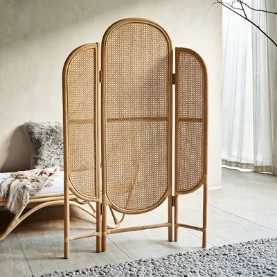 Natural Rattan Arched Folding Room Divider, 3 Panels