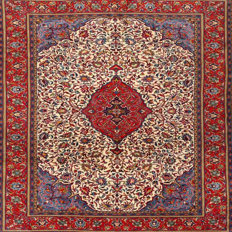 Tapis traditionnel mehroon/noir/crème Kash, Carré 4 pi