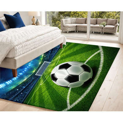 Tapis de sol lavable à la machine, imprimé stade de football, avec envers antidérapant, motif réaliste de terrain de football, décoration intérieure confortable pour le salon et la chambre.