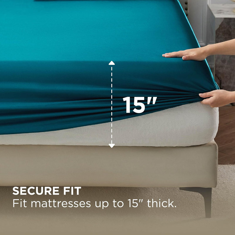 Bedsure Sateen Fitted Sheet GentleSoft™️, Enamel Blue, Queen Fitted Sheet