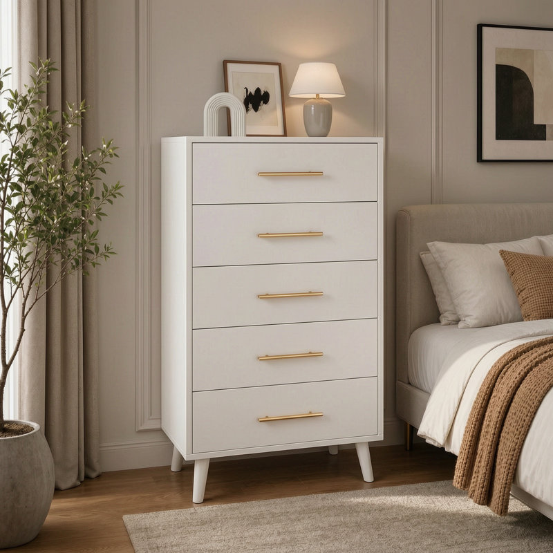 Commode haute 5 tiroirs H 43 pi Jakyria, Blanc