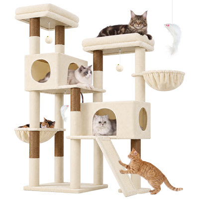Arbre à chat extra large de 157 cm pour grands chats, tour stable à 5 poteaux avec griffoirs, 2 niches fermées et 2 hamacs moelleux, centre d'activités à plusieurs niveaux pour 2 à 3 chats, beige