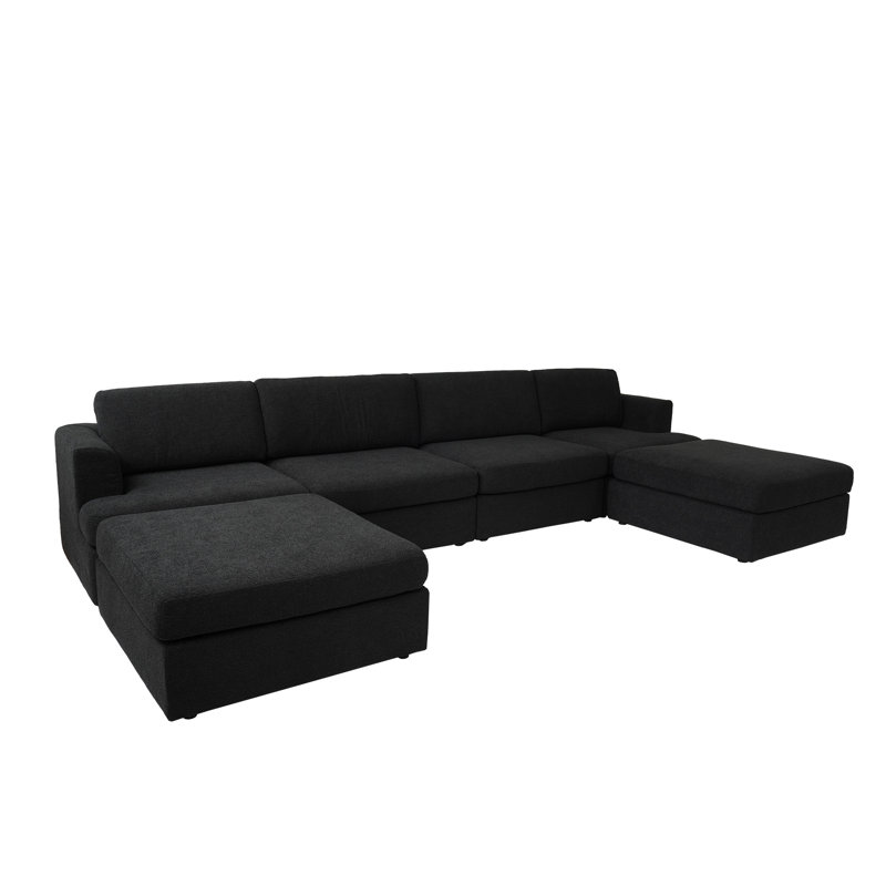 6-Piece U-Shaped Upholstered Boucle Sectional Slipcovered Sofa, Black Fabric/Boucle, 26.77" H x 157.48" W x 78.74" D