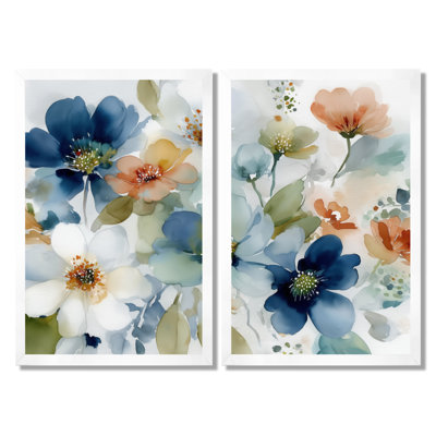 Aquarelle, bleu et orange, champs de fleurs sauvages en France - fleurs sauvages, art mural floral bleu, 2 pièces