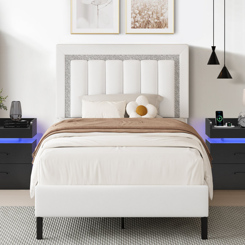 Ensemble de lit plateforme tapissier Diamond, Simple, Blanc