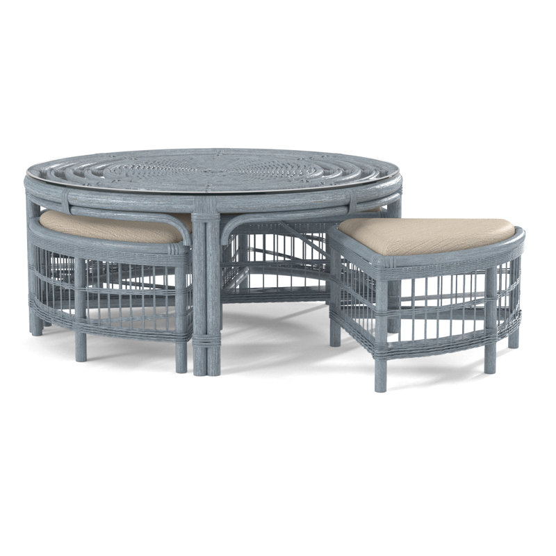 Raffles Rattan Cocktail Table with Benches, Blue Buffalo Check; 0120-61, Sea Glass