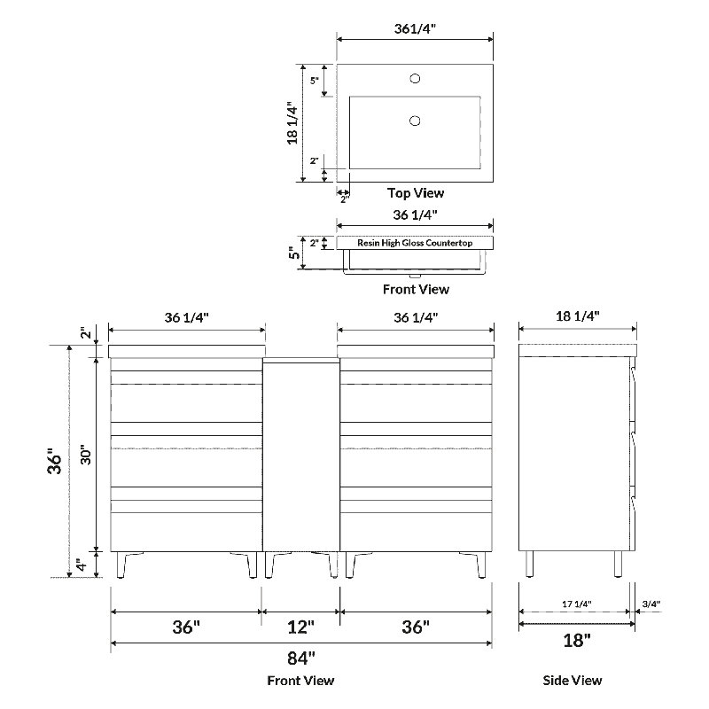 Meuble-lavabo double l 84 po x P 18 po x H 36 po