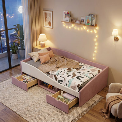Premium Upholstered Daybed with Safety Guardrail & Storage Drawers, Twin/Full Size Platform Bed for Kids & Teens