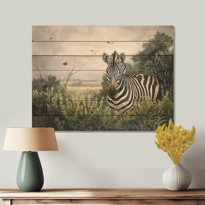 Aquarelle Zebra Garden III - impression moderne en bois noir sur bois de pin naturel
