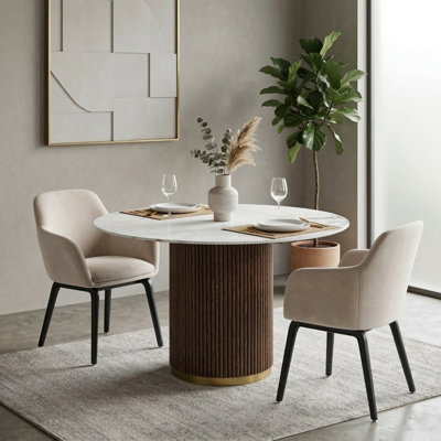 Marcio White Marble-effect Ceramic Top & Wooden Base Round Dining Table - 120cm