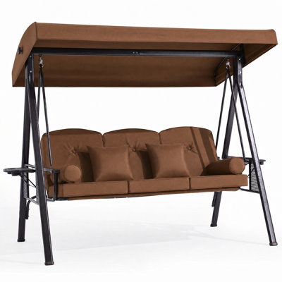 Balancelle de patio à 3 places avec auvent réglable, dossier inclinable à 3 positions et lit de balançoire convertible - Coussins épais, coussins et porte-gobelets, brun