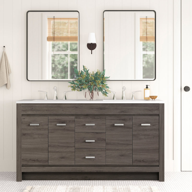 Meuble-lavabo double 60,5 po avec plateau en marbre de culture 60,5 po, Chêne foncé