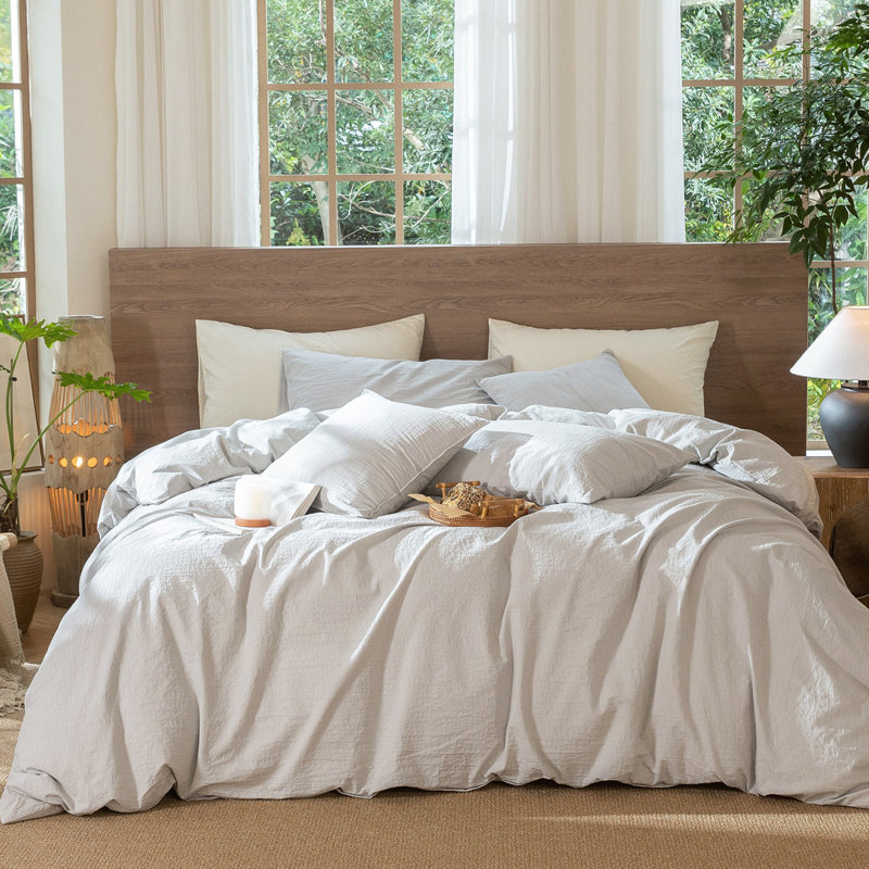 MooMee Wavy Striped Duvet Cover Set 100% Washed Cotton Linen Like Textured Breathable Lightweight, Light Gray