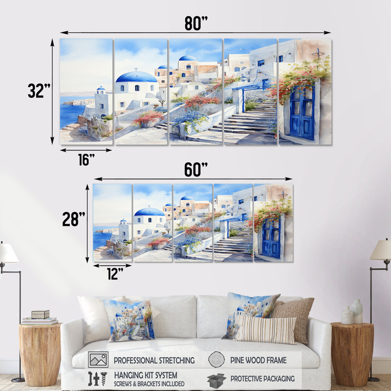 Ensemble de 5 décorations murales bleues et blanches Santorini Village I - Grèce, H 32 po x l 80 po