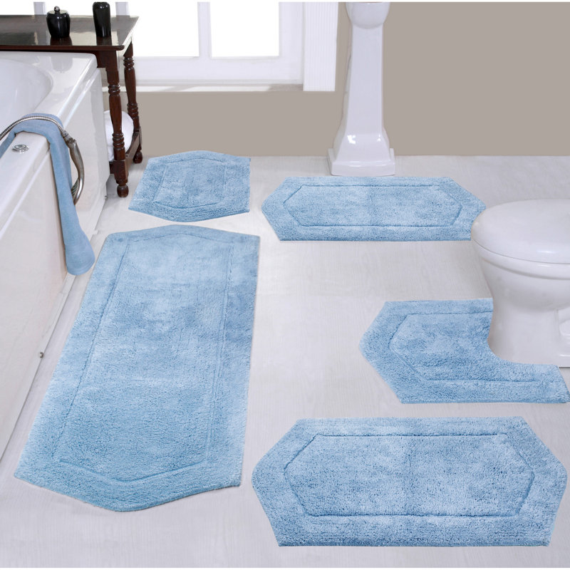 Morissette 100% Cotton Bath Mats, Quick Dry, Machine Washable, Absorbent - 5 Piece Set, Blue