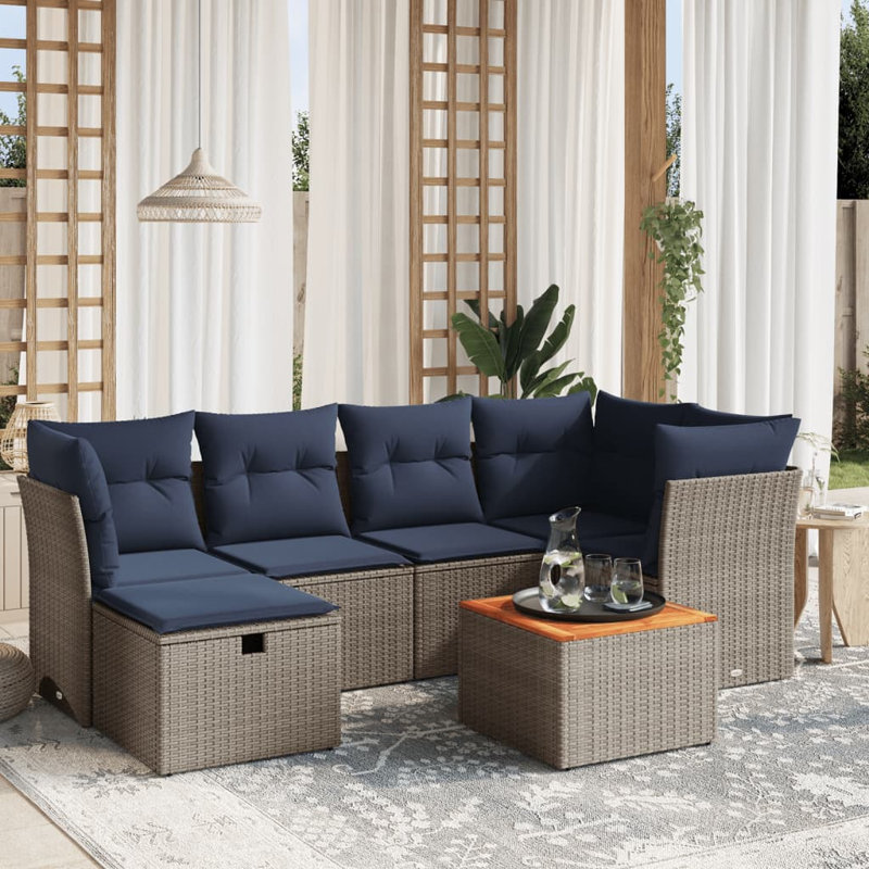 Ensemble de canapé de patio 7 pièces avec coussins en rotin gris pour l'extérieur, Coussin bleu marine / structure brune