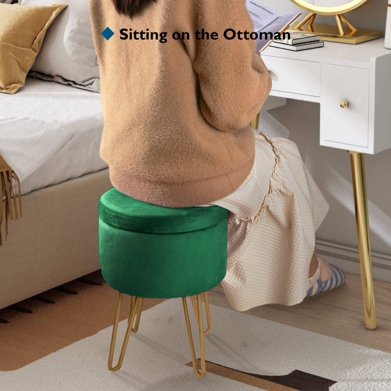 Velvet Storage Upholstered Accent Stool, Green